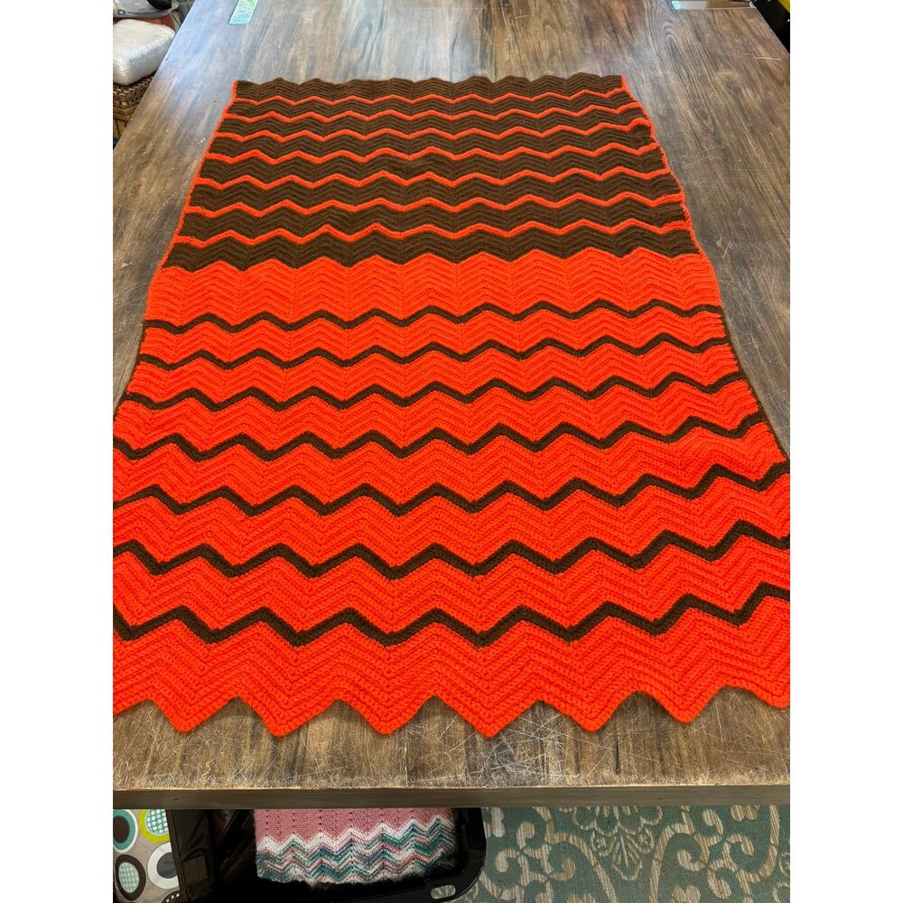 60" x 40", Orange & Brown, Zig Zag, Handmade, Crochet Blanket, Fall,‎ Lap Throw